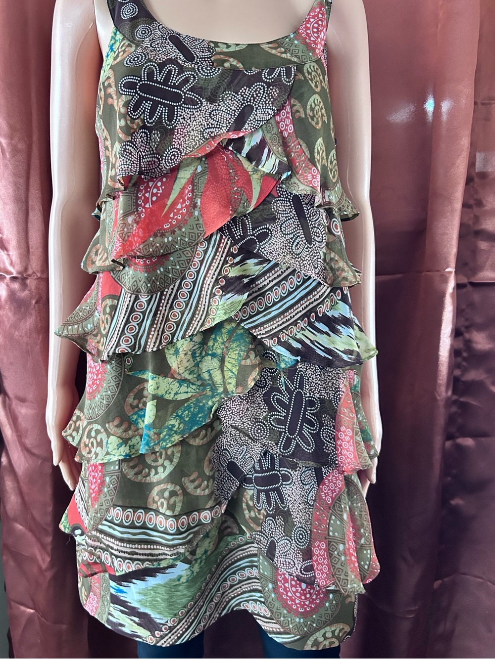 Signature by Robbie Bee Olive Green and Coral Tiered Ruffle Mini Dress